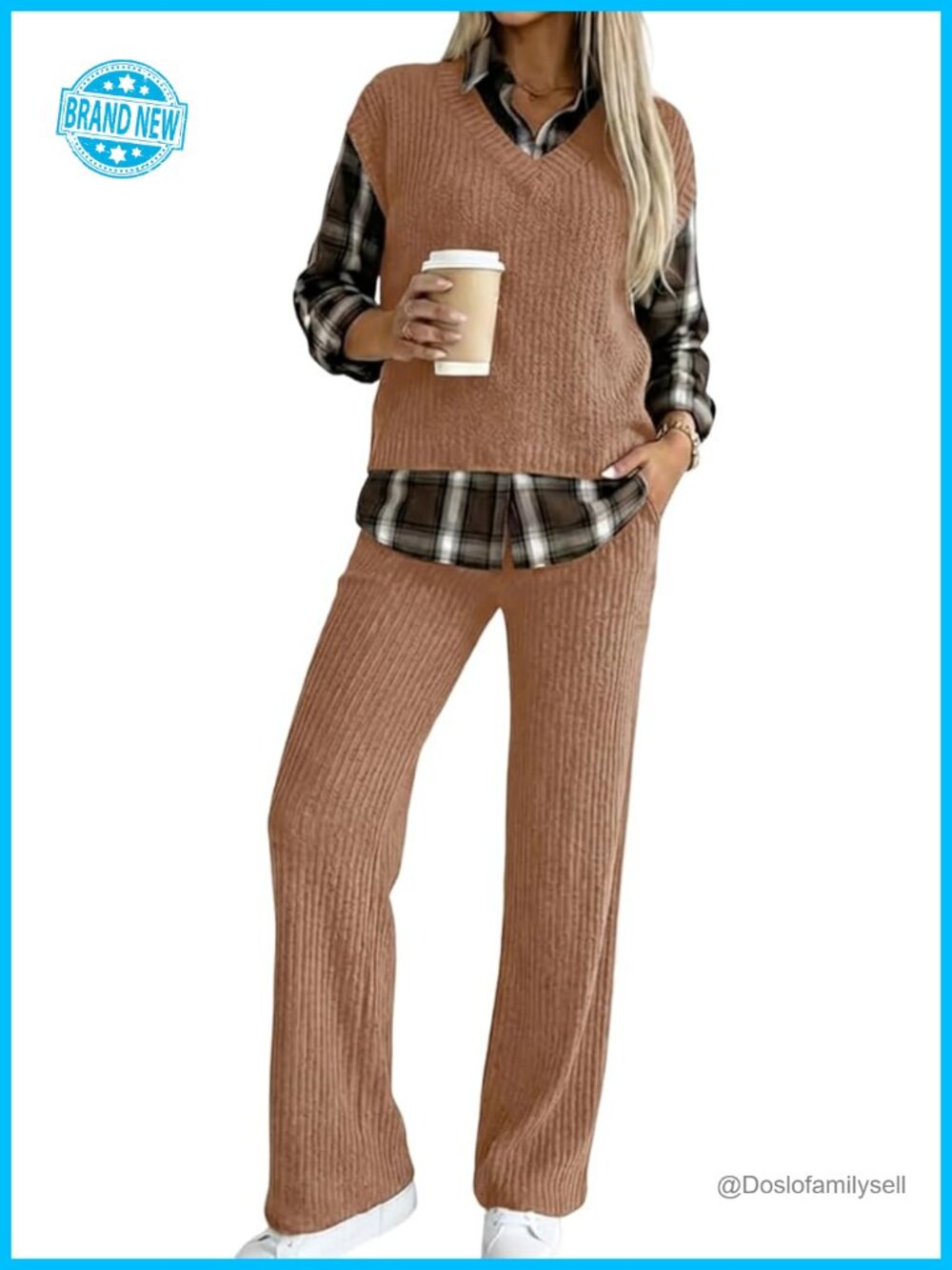 2 Piece Outfits Plaid Spliced Faux Two-Piece Top and Pants Set